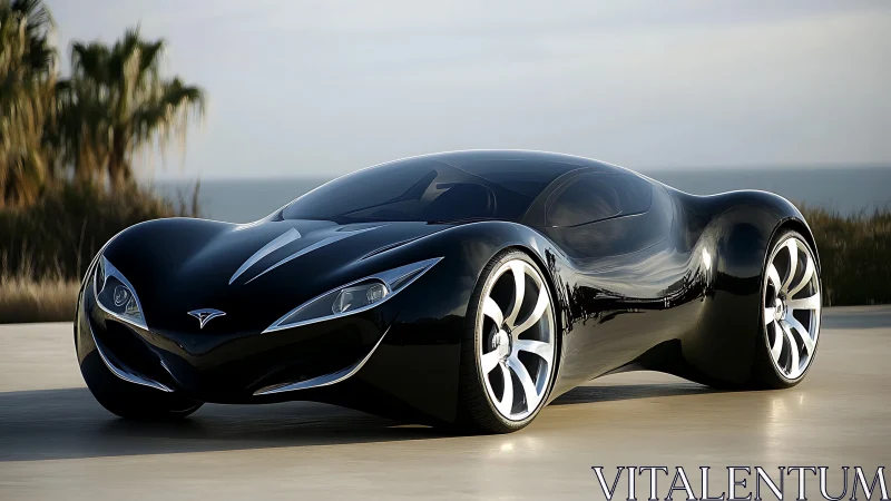 Black aerodynamic concept coupe parked on coastal pavement.