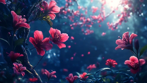 Pink Flowers Bloom Against Deep Blue Mystical Background.