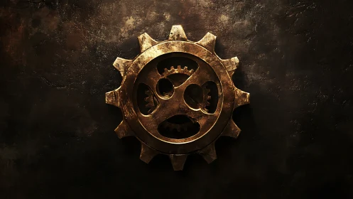 Rusty brass gear with internal cogs on dark textured wall