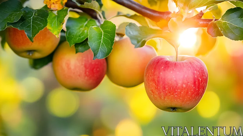 Ripe apples on tree branch under strong backlighting at sunset.
