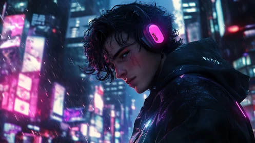 Brooding cyberpunk youth with neon headset in wet city street.