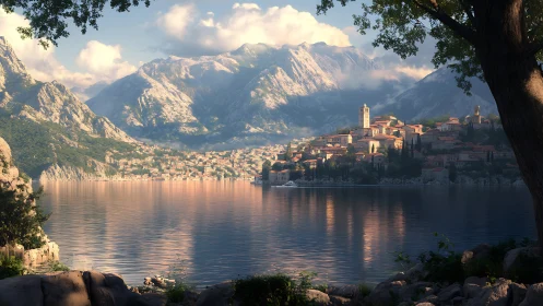 Alpine Lakeside Hamlet Nestled in Mountain Grandeur.