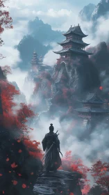Samurai overlooking misty mountain temples at dawn.