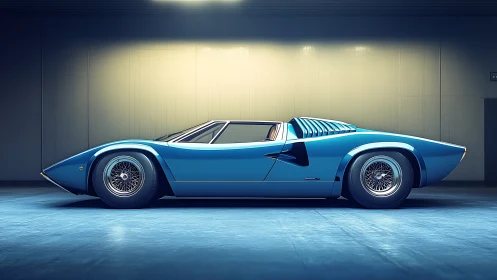 Cerulean wedge supercar poised under cinematic garage light.