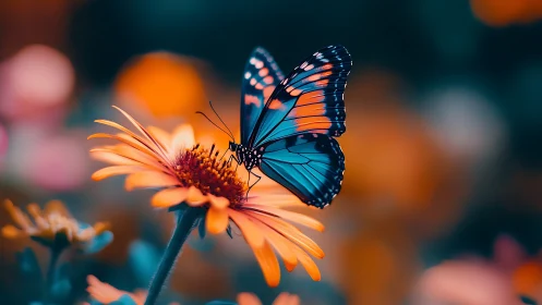 Macro study of teal-orange butterfly on daisy bloom