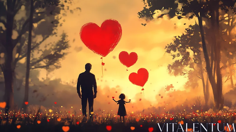 Silhouetted Father Child Heart Balloons Sunset Forest Atmospheric.