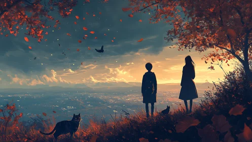 Backlit silhouettes watch autumn valley under luminous sunset sky