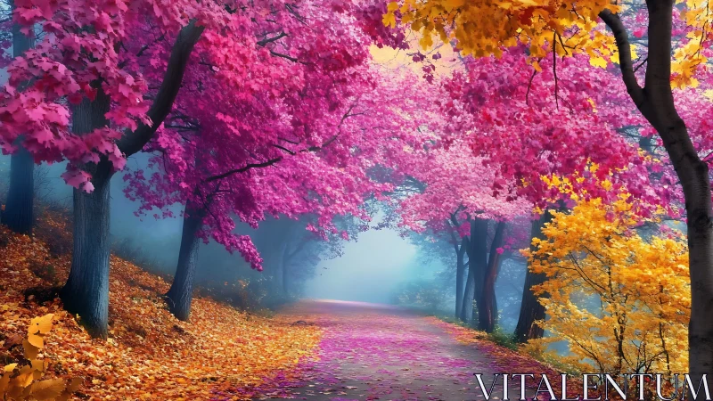 Autumn forest path under vivid pink and golden foliage.
