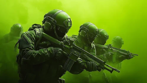 Tactical squad advances through dense toxic green smoke