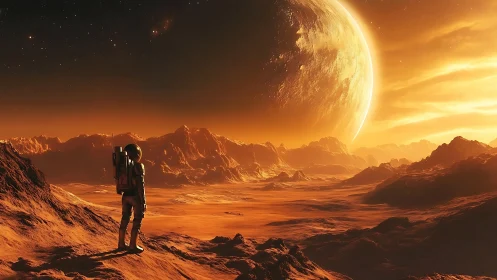 Solitary astronaut surveys blazing alien desert horizon