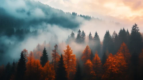 Autumn Coniferous Forest Enshrouded in Dense Fog with Atmospheric Light Diffusion