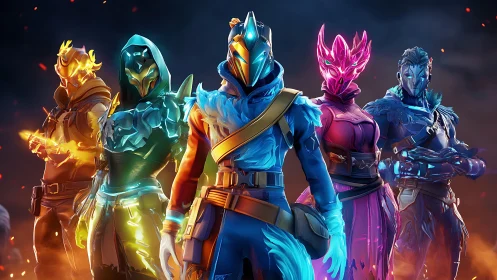 Elemental warriors ignite a neon storm on digital dusk