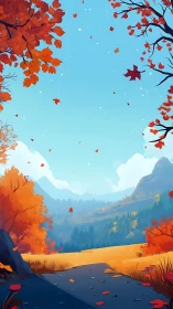 Vertical autumn valley landscape with falling foliage and path