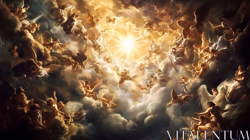 Radial celestial convergence of winged figures around radiant core