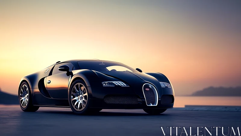 Black supercar on coastal road at calm sunset horizon.