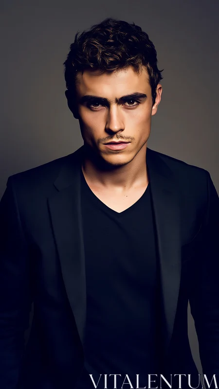 Intense young man in dark blazer against moody backdrop.