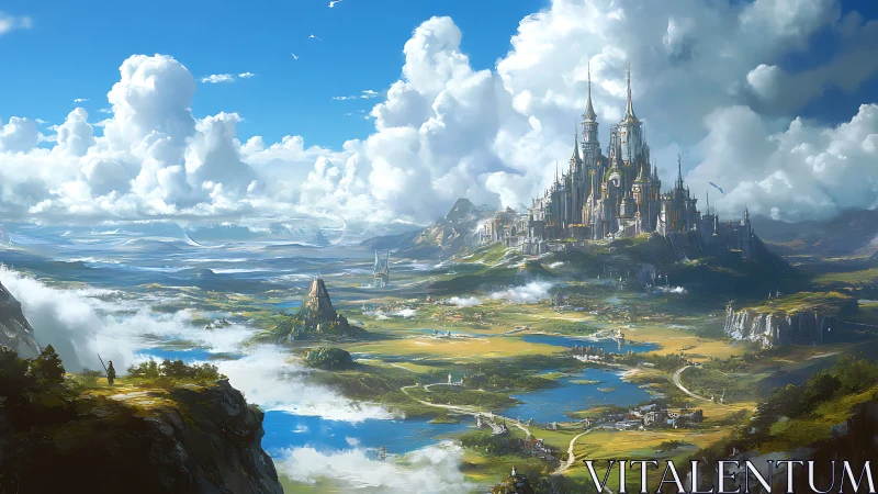 Fantasy digital matte of luminous citadel over river valley.