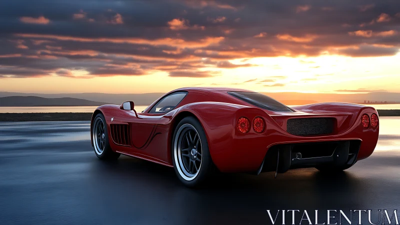 Red mid‑engine sports coupe on wet coastal roadway at dusk.