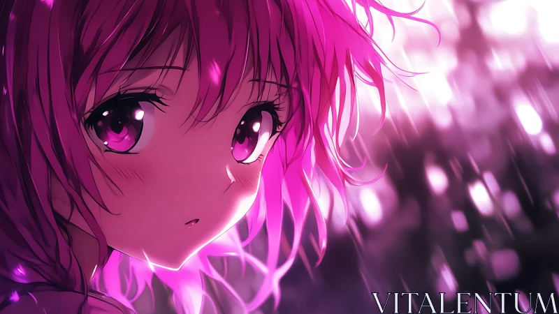 Melancholic pink-haired girl in glowing anime rainfall.