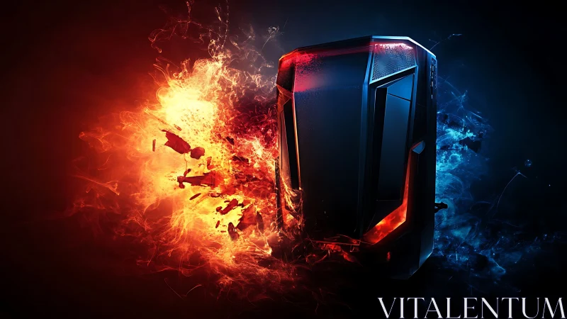 Gaming PC tower stands amid red fire and blue smoke contrast