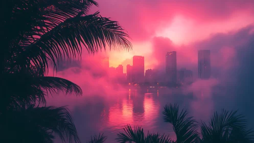 Neon mist over a tropical city skyline at dreamy sunset.