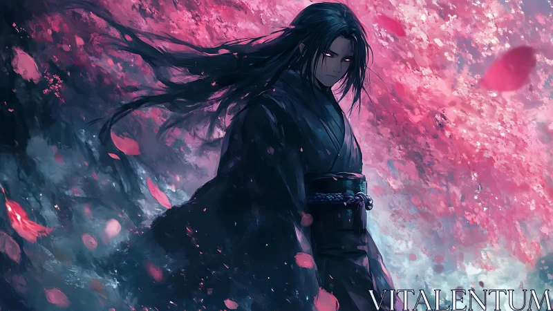 Dark-robed anime swordsman stands amid turbulent sakura storm