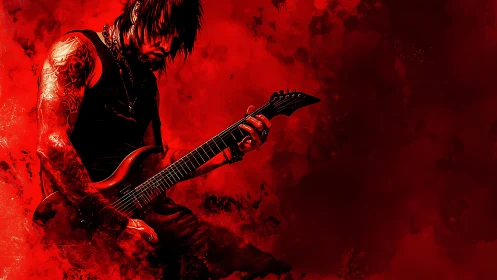 Tattooed rock guitarist shreds against blazing red backdrop