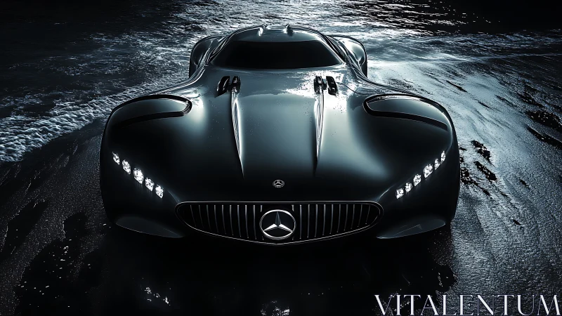 3D hypercar frontal study with reflective coastal lighting.