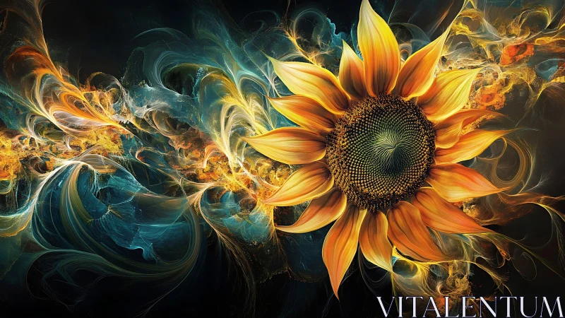 Fractal sunflower explodes through swirling cosmic light