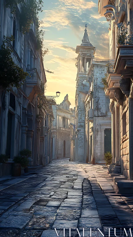 Sunlit stone alleyway with weathered classical facades.