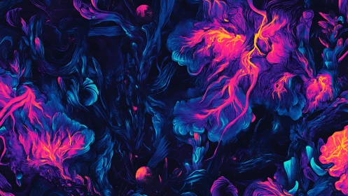 Neon fluid structures form branching patterns on dark ground