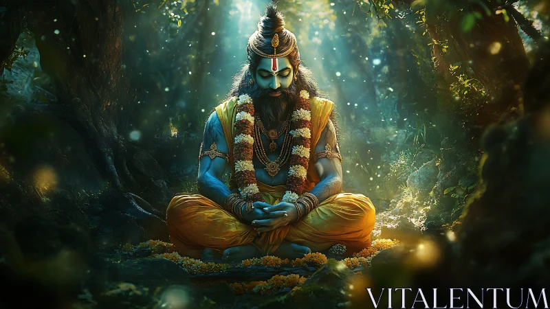 Blue-skinned robed figure meditating in dense forest scene.