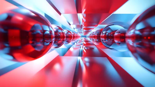 Futuristic red and blue glass spheres in a geometric tunnel.