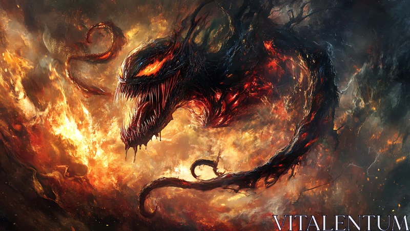 Infernal serpentine demon emerging through cosmic firestorm.