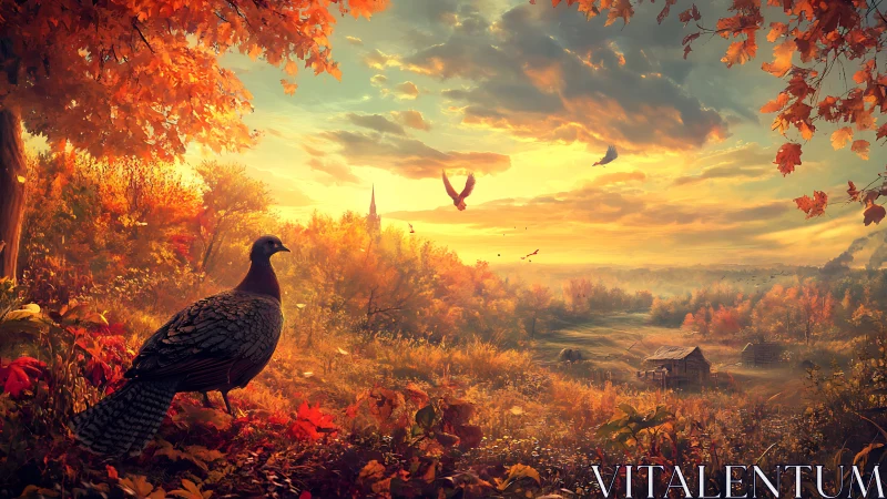 Autumn pheasant watches a golden valley ignite at sunset.