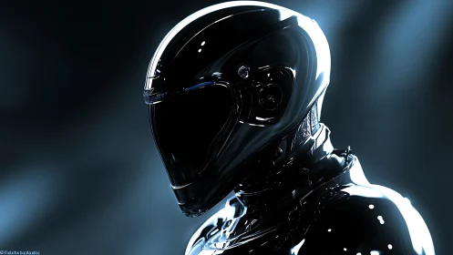 Sleek chrome sci fi helmet glows under dramatic studio lights