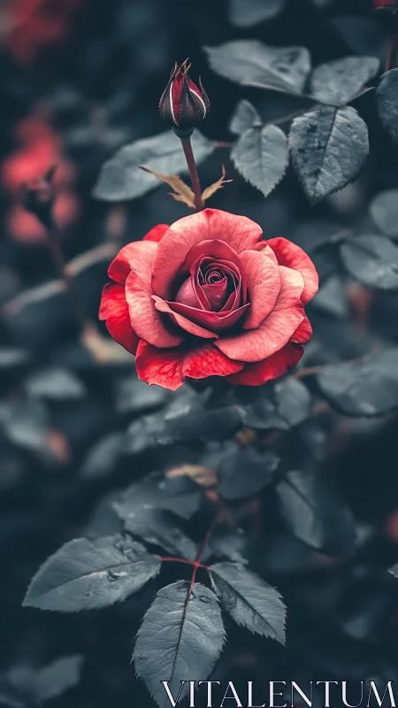 Crimson Rose Blooming in Twilight Garden.