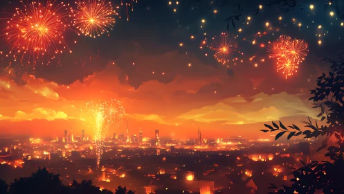 Fireworks illuminate a dense cityscape under a dark sky