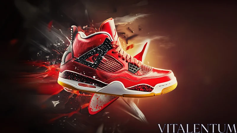 High-gloss red sneaker in dynamic aerodynamic explosion field.