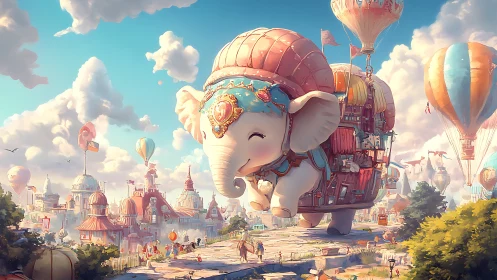 Flying elephant airship drifts above whimsical festival town