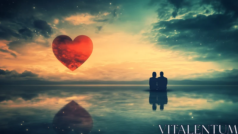 Silhouetted figures with large red heart symbol at sunset.