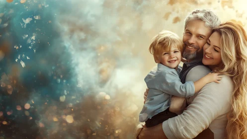 Three-figure family portrait demonstrating atmospheric lighting with bokeh particle effects and warm