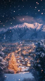 Snowy mountain town hums while one lit tree leads the night
