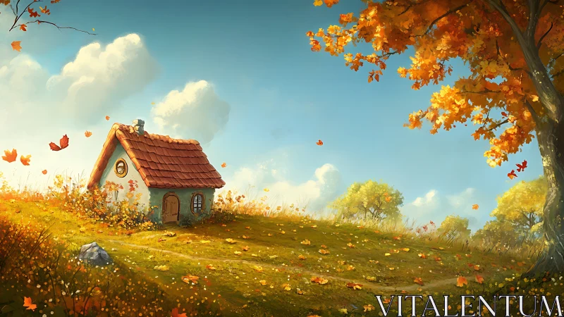 Cozy cottage rests under bright autumn sky on hillside.