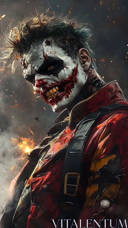 Portrait depicts armed figure with damaged clown makeup