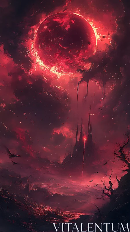 Blood-red eclipse over infernal spire citadel skyline.
