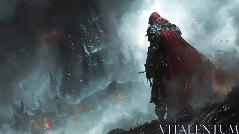 Armored wanderer before storm-lashed obsidian citadel at dusk