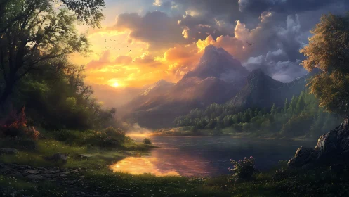 Digital landscape shows lake, forest and mountains at sunset