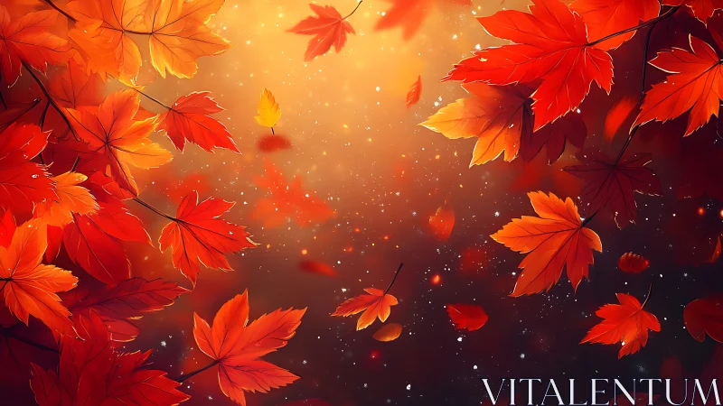 Glowing autumn leaves drift gently through warm evening light