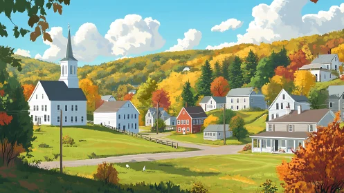 Quiet hillside village with church under bright autumn sky.